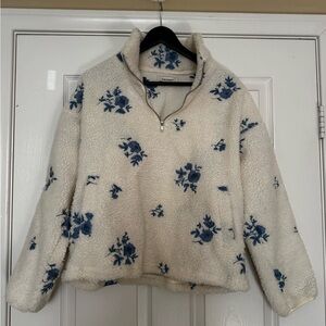 Francesca's Collections Cream Teddy Jacket with Blue Floral Design